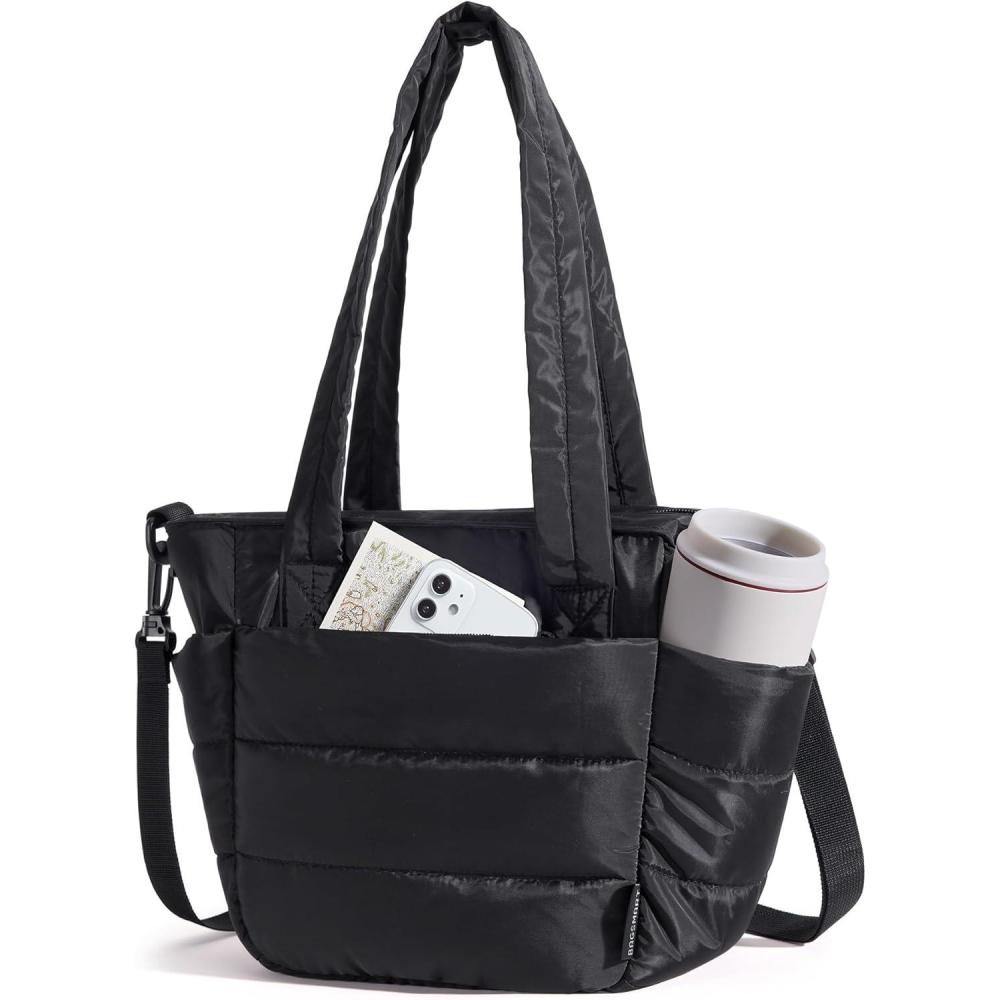 imageBAGSMART Lunch Bag Women Small Insulated Tote with Lunch Compartment Quilted Lightweight Puffy Tote Bag for Work Travel Outdoor Pink01black
