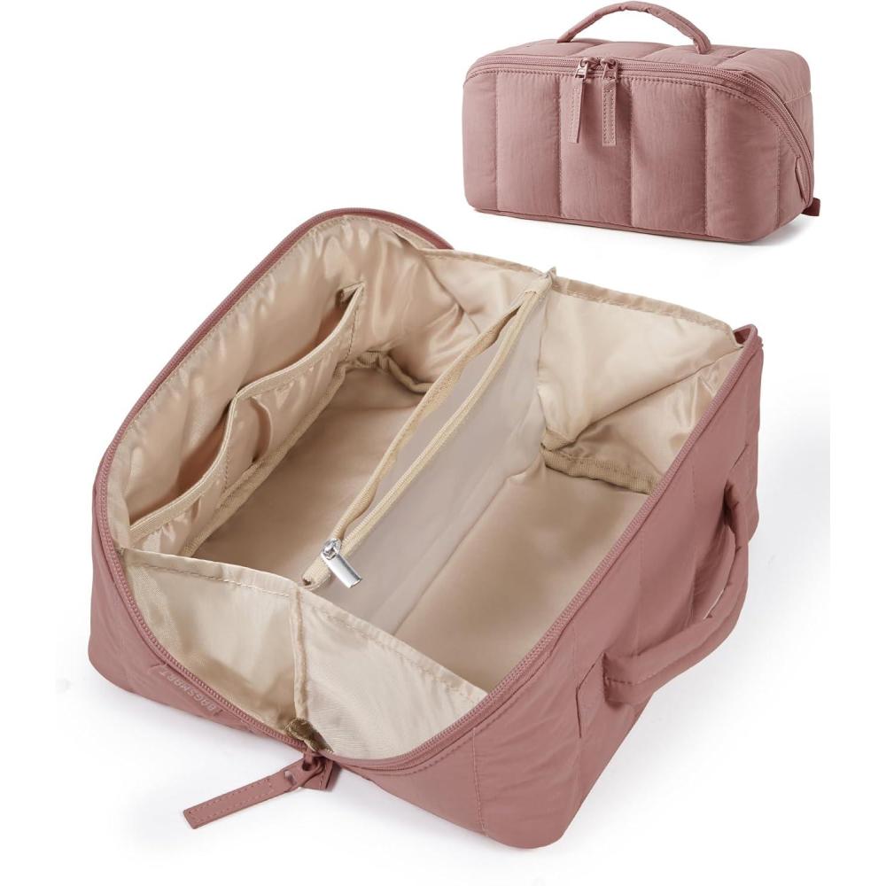 imageBAGSMART Makeup Bag Cosmetic Bag Travel Makeup BagWaterresistent Makeup Bags for Women Portable Pouch Open Flat Make Up Organizer Bag for Toiletries Brushes Pink05Dark Pink
