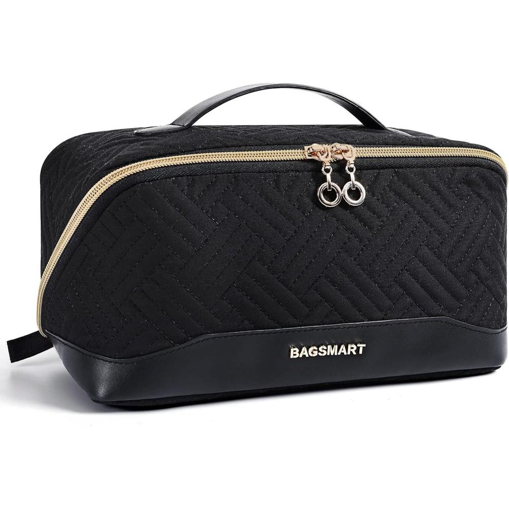 imageBAGSMART Makeup Bag Cosmetic Bag Travel Makeup BagWaterresistent Makeup Bags for Women Portable Pouch Open Flat Make Up Organizer Bag for Toiletries Brushes PinkBlack