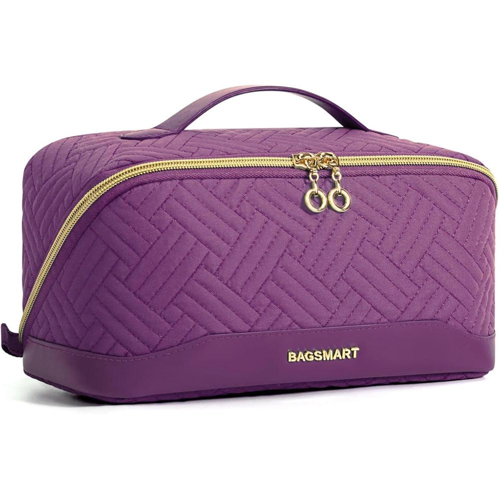 imageBAGSMART Makeup Bag Cosmetic Bag Travel Makeup BagWaterresistent Makeup Bags for Women Portable Pouch Open Flat Make Up Organizer Bag for Toiletries Brushes Pink12Purple