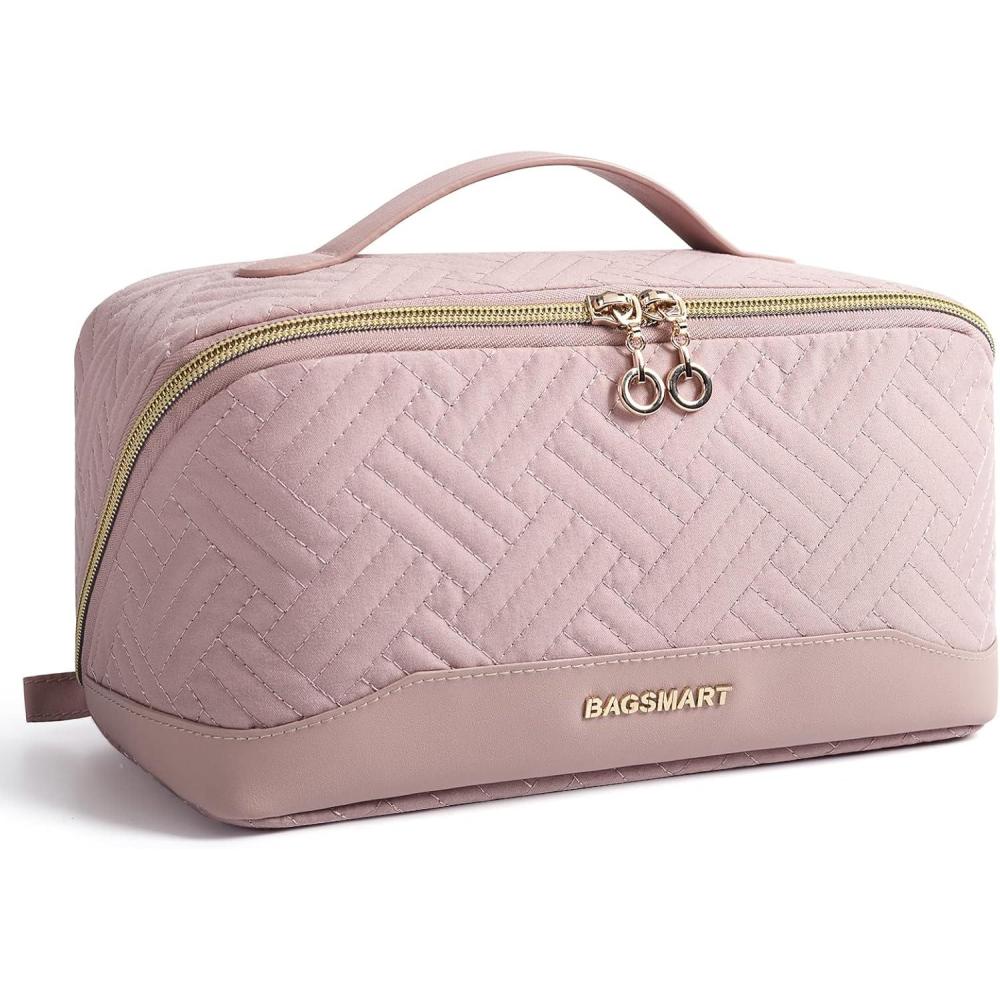 imageBAGSMART Makeup Bag Cosmetic Bag Travel Makeup BagWaterresistent Makeup Bags for Women Portable Pouch Open Flat Make Up Organizer Bag for Toiletries Brushes PinkPink