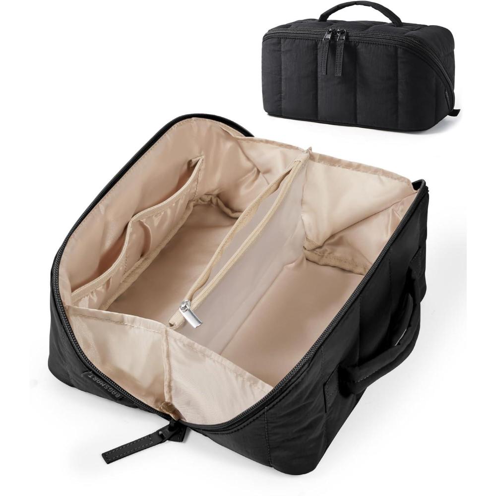 imageBAGSMART Makeup Bag Cosmetic Bag Travel Makeup BagWaterresistent Makeup Bags for Women Portable Pouch Open Flat Make Up Organizer Bag for Toiletries Brushes Pink01Black