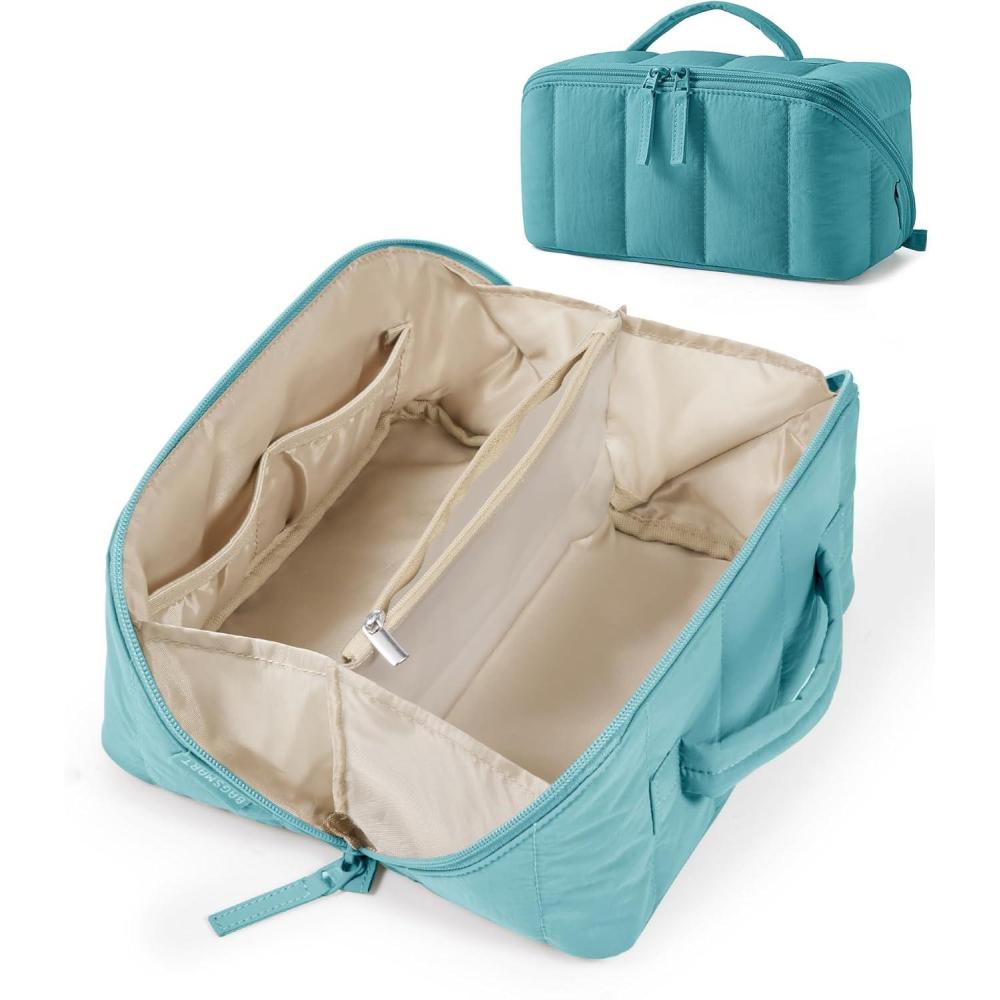imageBAGSMART Makeup Bag Cosmetic Bag Travel Makeup BagWaterresistent Makeup Bags for Women Portable Pouch Open Flat Make Up Organizer Bag for Toiletries Brushes Pink06Green