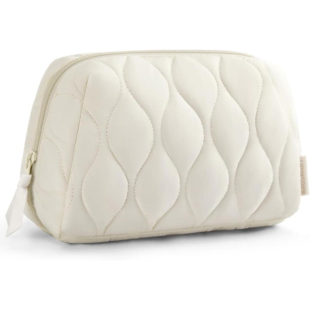 imageBAGSMART Makeup Bag Travel Cosmetic Bag Puffy Padded Make Up Bag for Women Makeup Organizer Case Wideopen Pouch Purse Travel Essentials Toiletries Accessories Brushes PinkEBeige