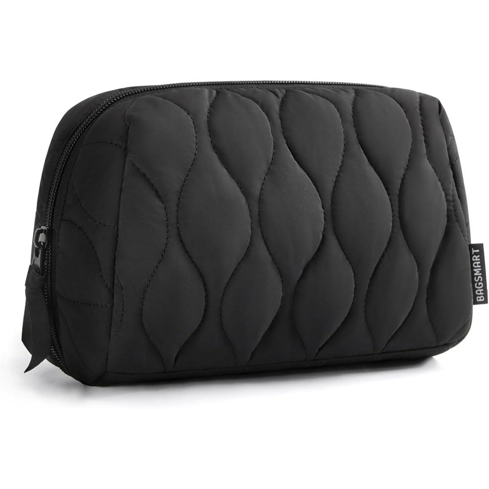 imageBAGSMART Makeup Bag Travel Cosmetic Bag Puffy Padded Make Up Bag for Women Makeup Organizer Case Wideopen Pouch Purse Travel Essentials Toiletries Accessories Brushes PinkBBlack