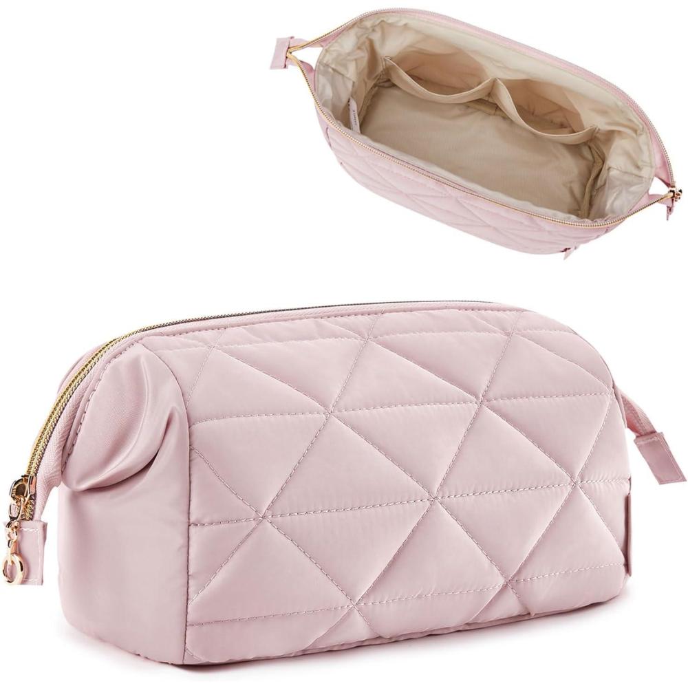 imageBAGSMART Makeup Bag Travel Makeup Bag Cute Puffy Make Up Bag Wideopen Cosmetic Bags for Women Small Makeup Pouch for Travel Essentials Toiletries Accessories BlackBPink