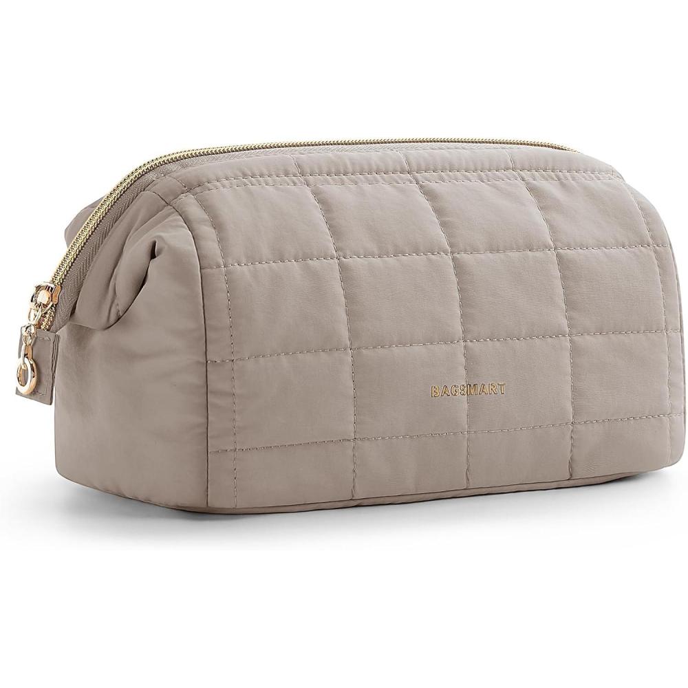 imageBAGSMART Makeup Bag Travel Toiletry Bag Puffy Padded Make Up Bags for Women Makeup Organizer Case Wideopen Pouch Purse Travel Essentials Toiletries Accessories Brushes Pink09Camel