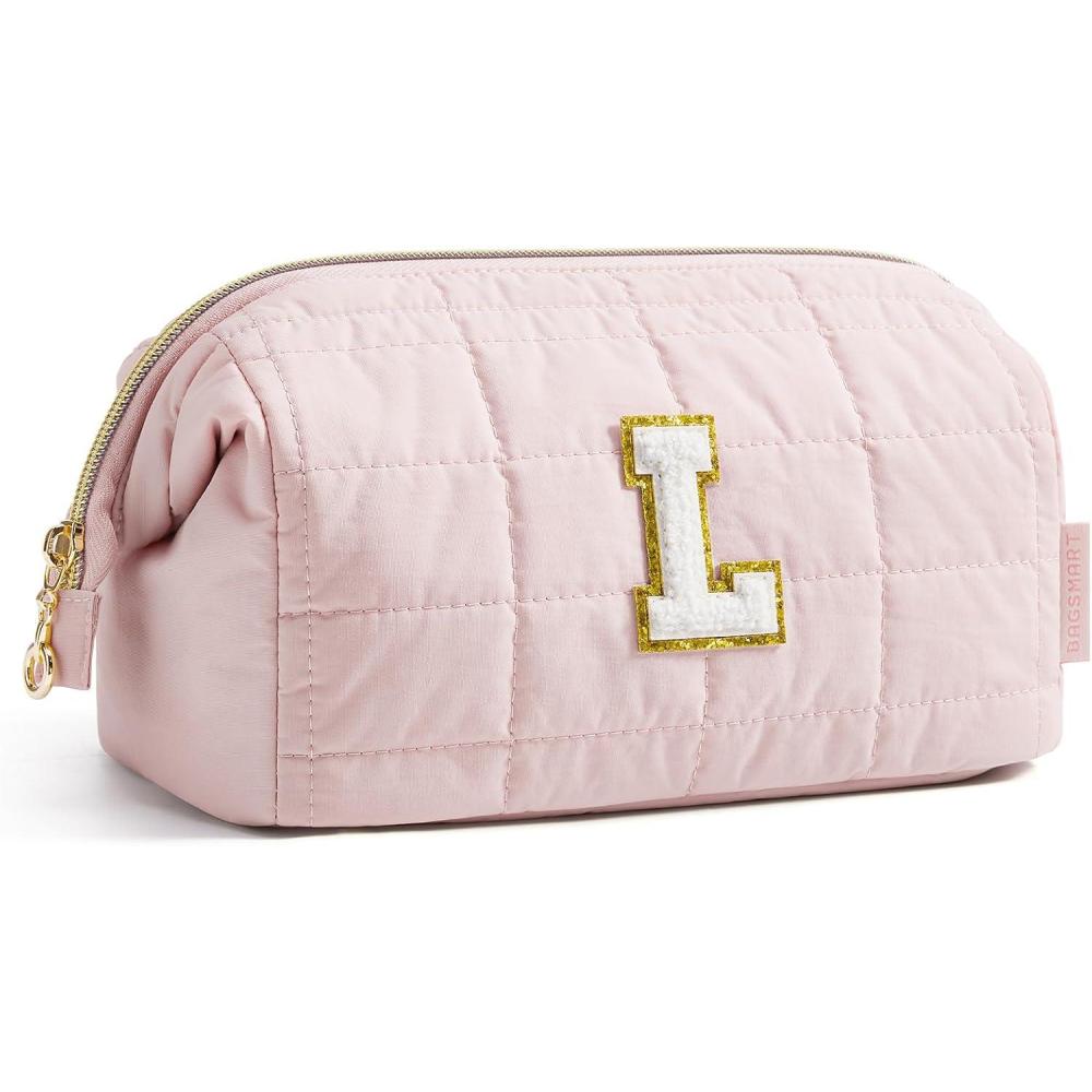 imageBAGSMART Makeup Bag Travel Toiletry Bag Puffy Padded Make Up Bags for Women Makeup Organizer Case Wideopen Pouch Purse Travel Essentials Toiletries Accessories Brushes Pink29Letter L