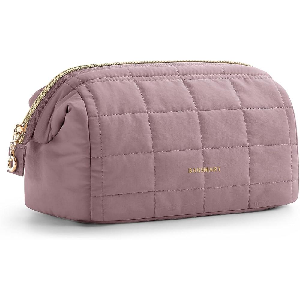 imageBAGSMART Makeup Bag Travel Toiletry Bag Puffy Padded Make Up Bags for Women Makeup Organizer Case Wideopen Pouch Purse Travel Essentials Toiletries Accessories Brushes Pink11Grayish Purple