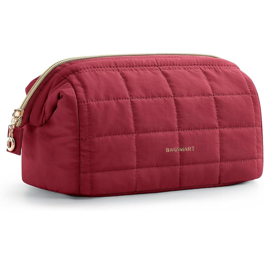 imageBAGSMART Makeup Bag Travel Toiletry Bag Puffy Padded Make Up Bags for Women Makeup Organizer Case Wideopen Pouch Purse Travel Essentials Toiletries Accessories Brushes Pink15Garnet Red
