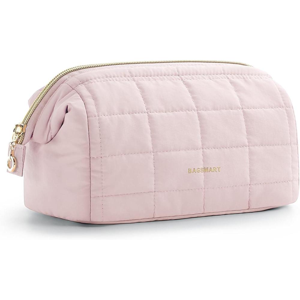 imageBAGSMART Makeup Bag Travel Toiletry Bag Puffy Padded Make Up Bags for Women Makeup Organizer Case Wideopen Pouch Purse Travel Essentials Toiletries Accessories Brushes Pink01Pink