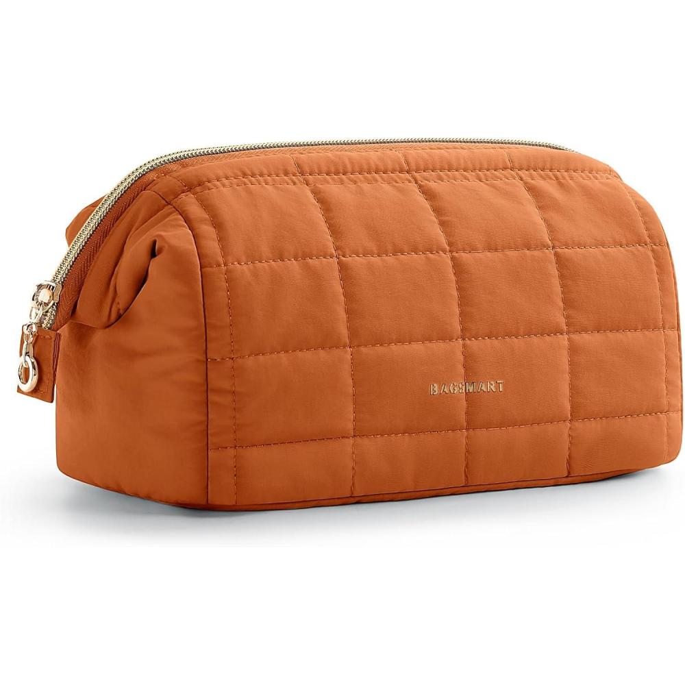 imageBAGSMART Makeup Bag Travel Toiletry Bag Puffy Padded Make Up Bags for Women Makeup Organizer Case Wideopen Pouch Purse Travel Essentials Toiletries Accessories Brushes Pink14Rust Orange