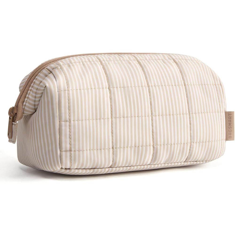 imageBAGSMART Makeup Bag Travel Toiletry Bag Puffy Padded Make Up Bags for Women Makeup Organizer Case Wideopen Pouch Purse Travel Essentials Toiletries Accessories Brushes Pink21Strip Khaki Brown