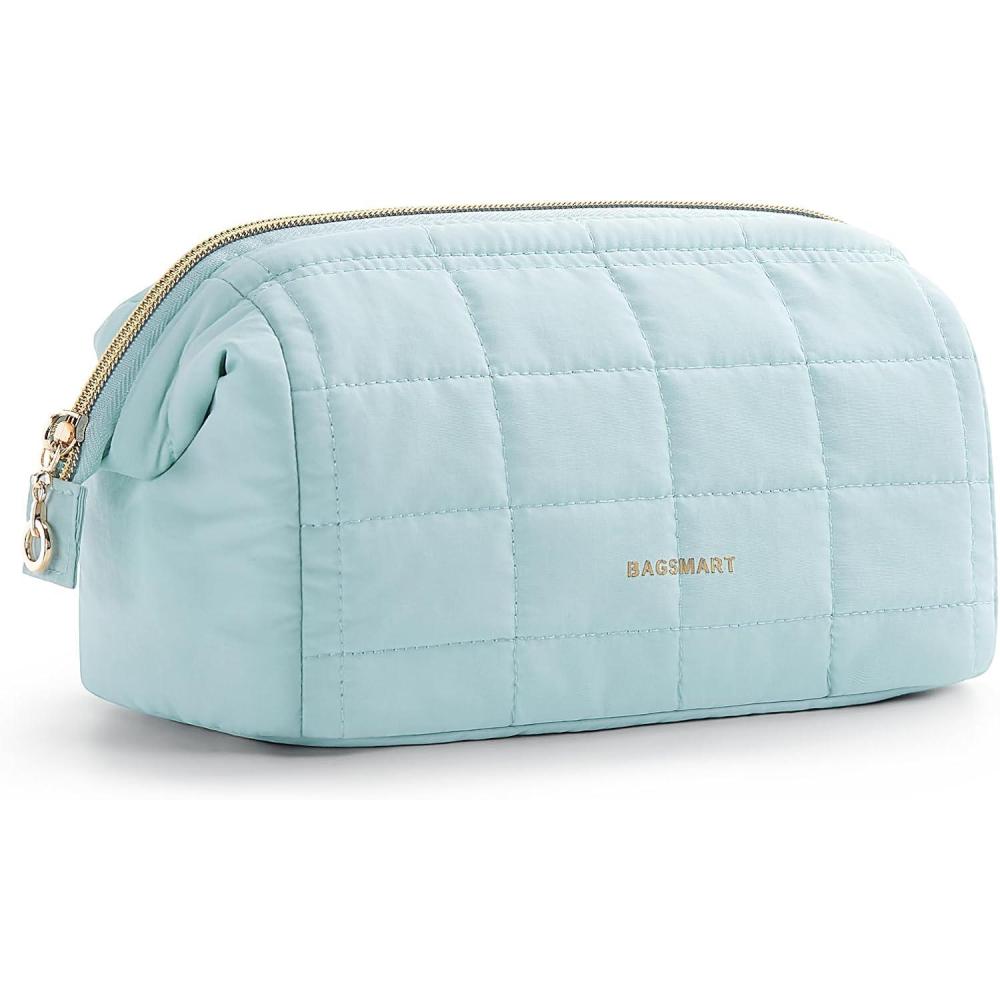 imageBAGSMART Makeup Bag Travel Toiletry Bag Puffy Padded Make Up Bags for Women Makeup Organizer Case Wideopen Pouch Purse Travel Essentials Toiletries Accessories Brushes Pink05Blue