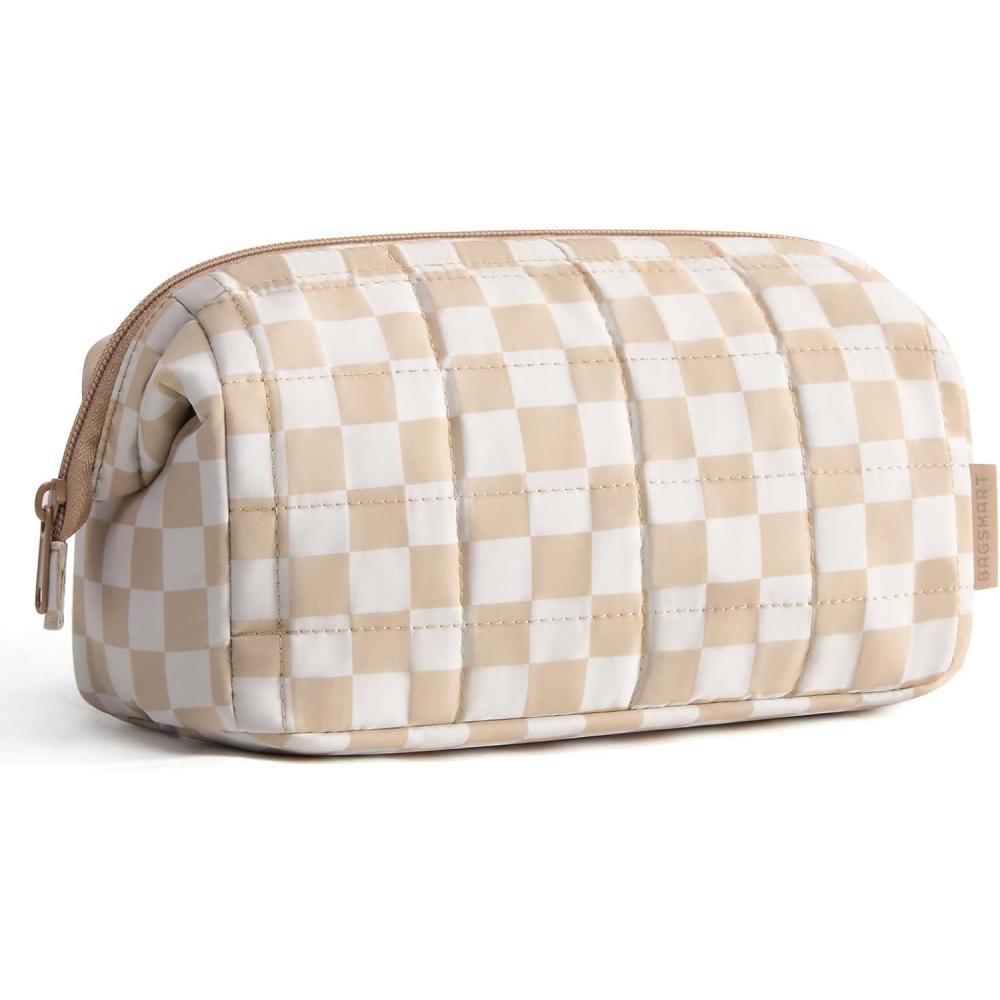 imageBAGSMART Makeup Bag Travel Toiletry Bag Puffy Padded Make Up Bags for Women Makeup Organizer Case Wideopen Pouch Purse Travel Essentials Toiletries Accessories Brushes Pink20Checkered Khaki