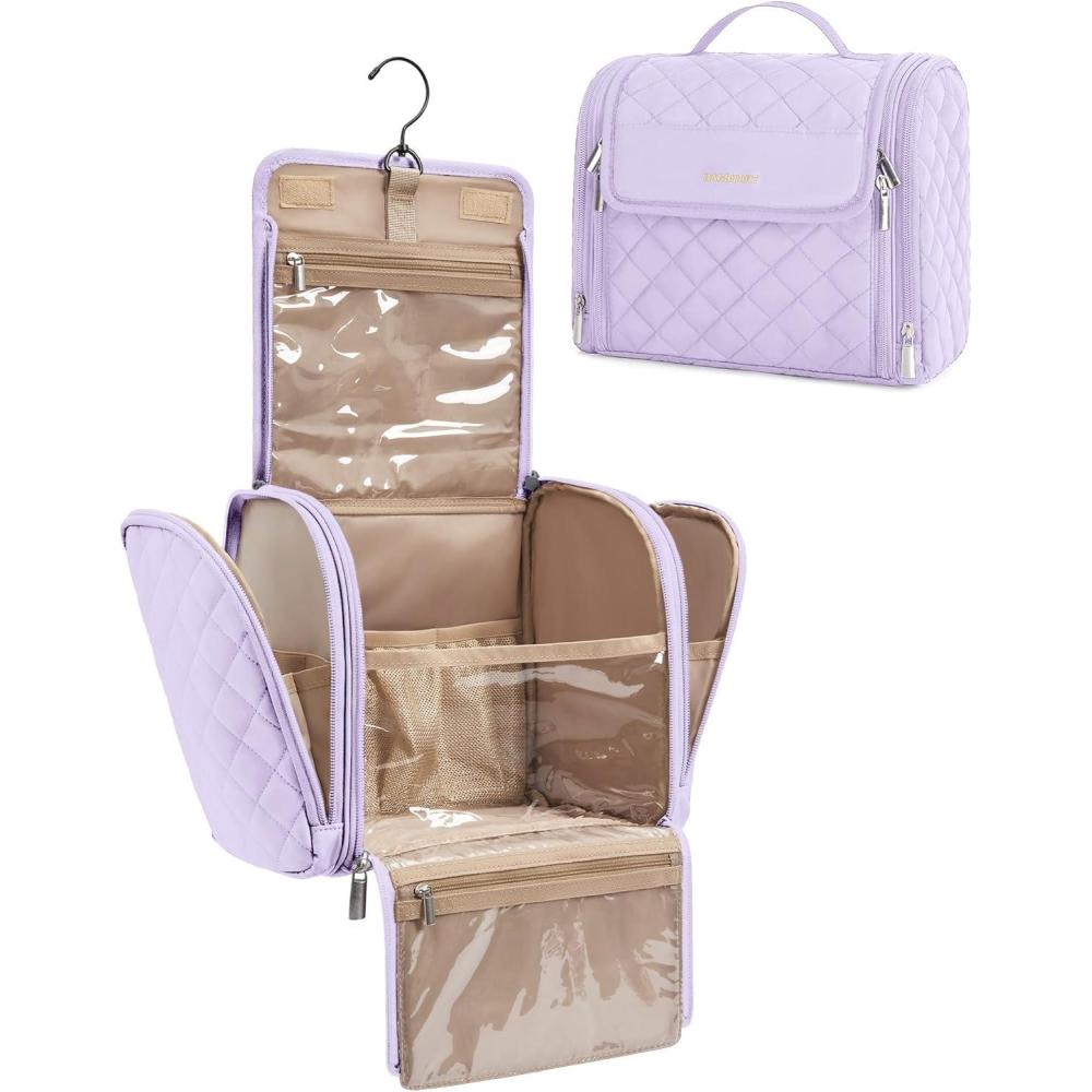 imageBAGSMART Makeup Bag for Women with Hanging Hook  Portable Cosmetic Case Large Capacity Door Room Essentials Travel Organizer for Full Sized Cosmetics and Toiletries BlackLavender Purple