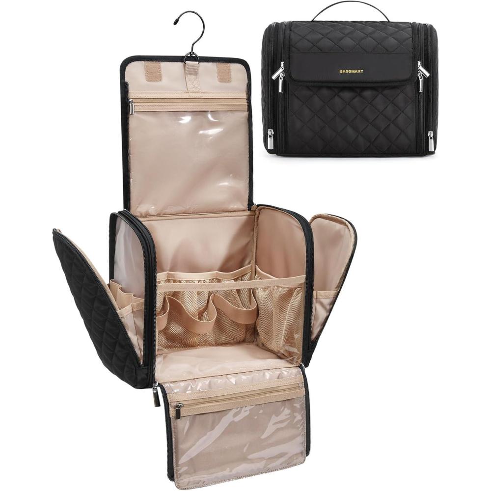 imageBAGSMART Makeup Bag for Women with Hanging Hook Portable Cosmetic Case Large Capacity Door Room Essentials Travel Organizer for Full Sized Cosmetics and Toiletries BlackBlack