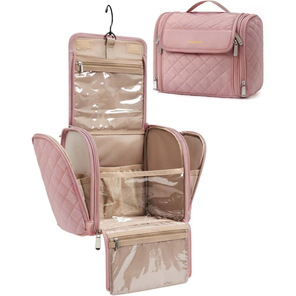 imageBAGSMART Makeup Bag for Women with Hanging Hook Portable Cosmetic Case Large Capacity Door Room Essentials Travel Organizer for Full Sized Cosmetics and Toiletries BlackDark Pink