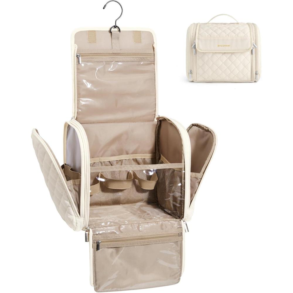 imageBAGSMART Makeup Bag for Women with Hanging Hook Portable Cosmetic Case Large Capacity Door Room Essentials Travel Organizer for Full Sized Cosmetics and Toiletries BlackBeige