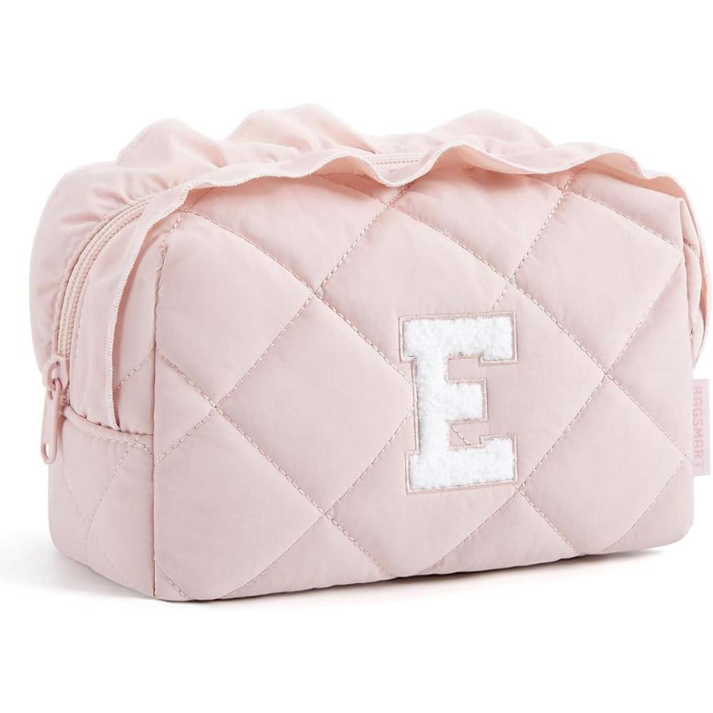 imageBAGSMART Puffy Makeup Bag Wide Opening Cosmetic Bag Compact ampamp Spacious WaterResistant Travel Organizer Pouches for Women Baby Pink03InitialEPink
