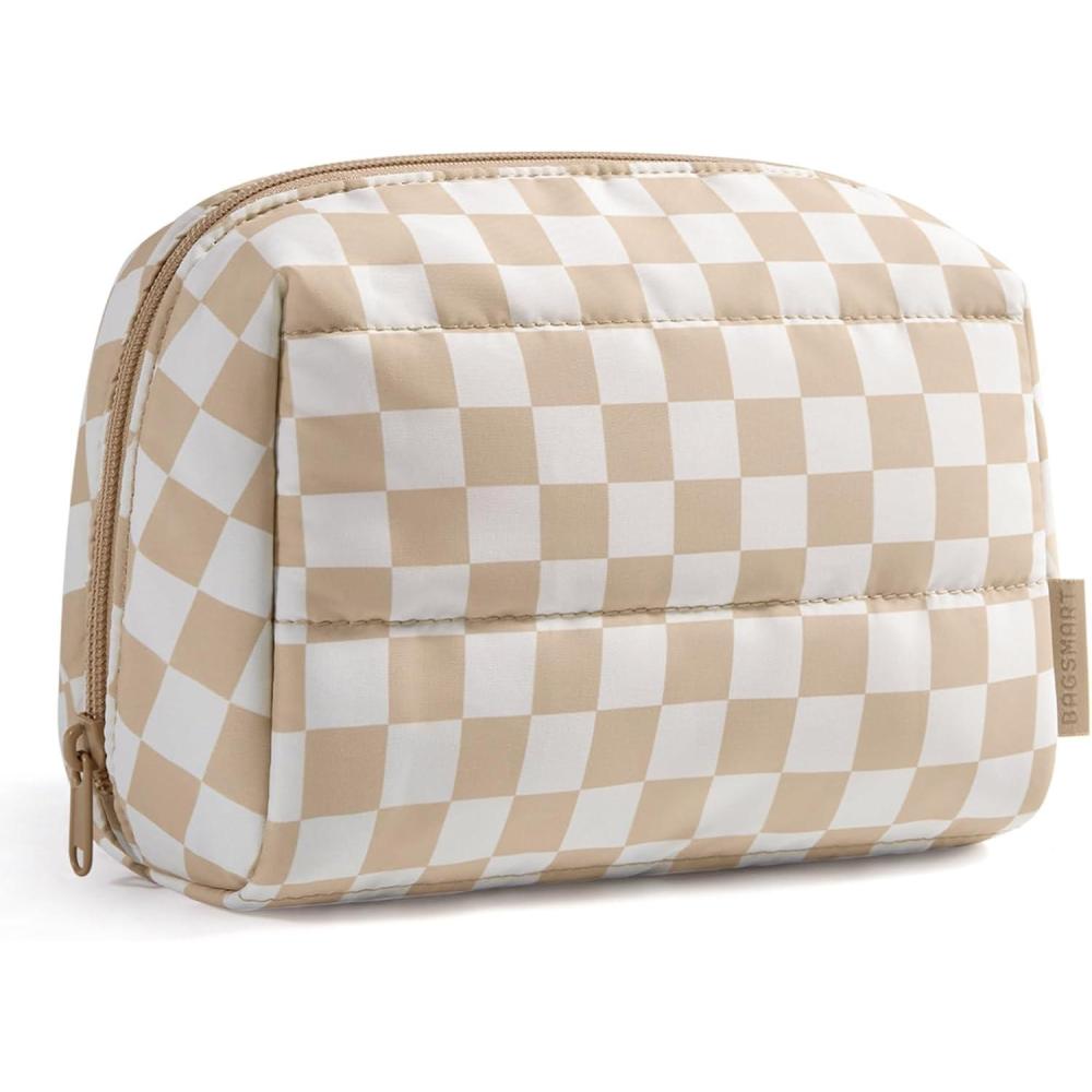 imageBAGSMART Puffy Makeup Bag Wide Opening Cosmetic Bag Compact ampamp Spacious WaterResistant Travel Organizer Pouches for Women Baby PinkKhaki Checkered