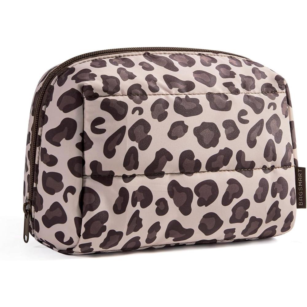 imageBAGSMART Puffy Makeup Bag Wide Opening Cosmetic Bag Compact ampamp Spacious WaterResistant Travel Organizer Pouches for Women Baby PinkLeopard Print