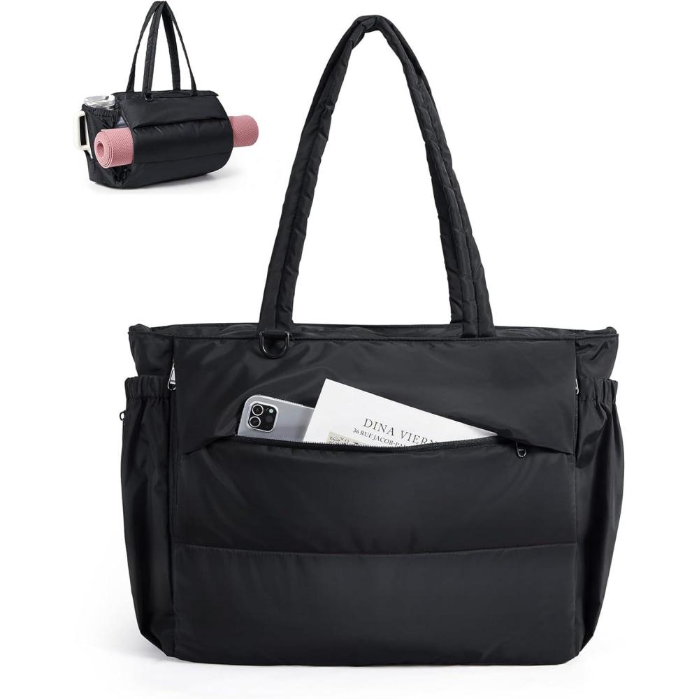 imageBAGSMART Puffy Tote Bag for Women 22L Gym Bag for 40oz Tumbler Work Handbag for Travel Yoga Tennis CollegeBlack