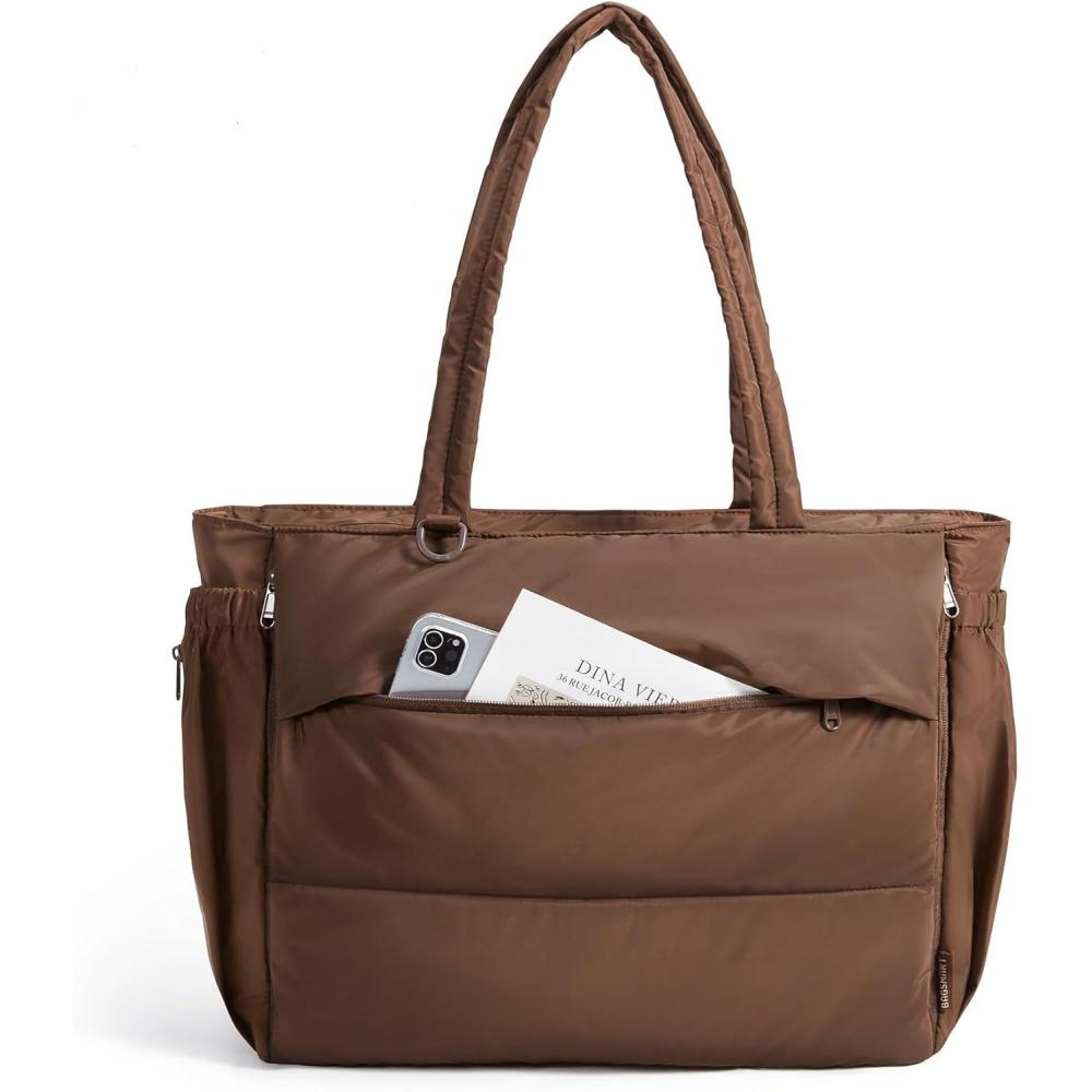 imageBAGSMART Puffy Tote Bag for Women 22L Gym Bag for 40oz Tumbler Work Handbag for Travel Yoga Tennis CollegeChocolate