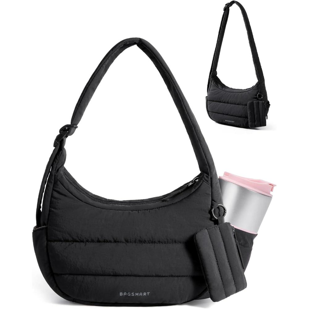 imageBAGSMART Shoulder Bag for Women Small Puffer Purses Crossbody Bag Lightweight Fluffy Hobo Handbag Puffy PouchBlack