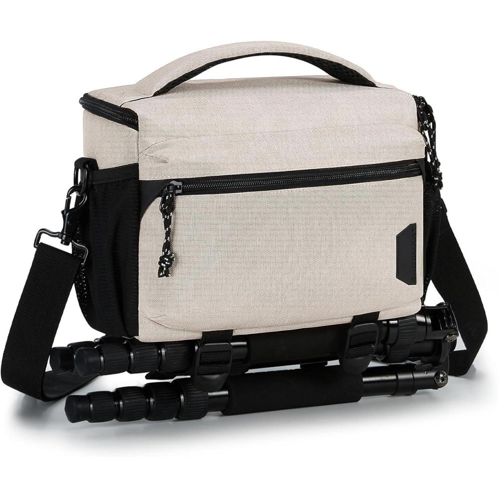 imageBAGSMART Small Camera Bag for Photographers Compact Camera Shoulder Bags for DSLRSLRMirrorless Cameras Waterproof Crossbody Camera Case with Tripod Holder Black03Ivory White