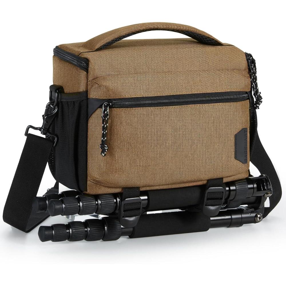 imageBAGSMART Small Camera Bag for Photographers Compact Camera Shoulder Bags for DSLRSLRMirrorless Cameras Waterproof Crossbody Camera Case with Tripod Holder Black06Khaki Brown