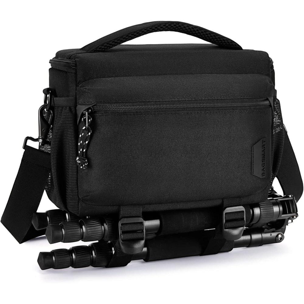 imageBAGSMART Small Camera Bag for Photographers Compact Camera Shoulder Bags for DSLRSLRMirrorless Cameras Waterproof Crossbody Camera Case with Tripod Holder Black01Black