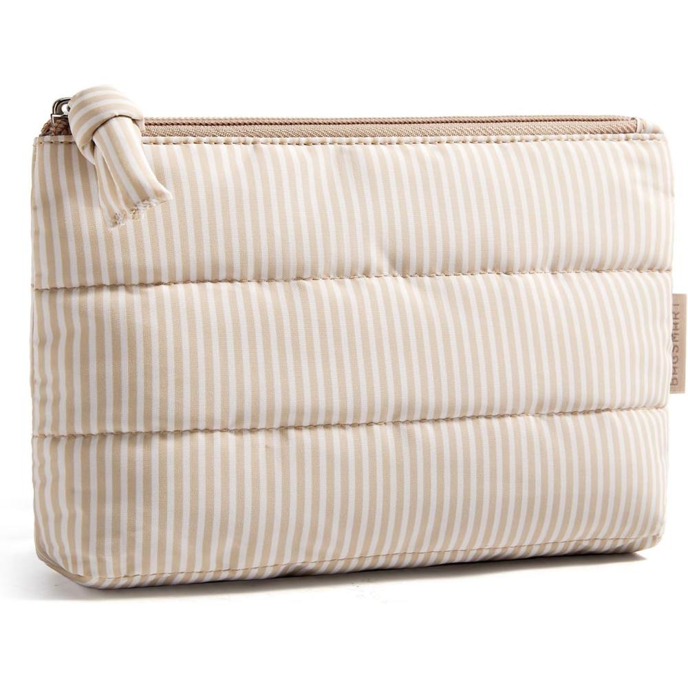 imageBAGSMART Small Cosmetic Bag Elegant Roomy Makeup Bagslipstick pouchZipper PouchGreat Gifts for WomenTravel Waterproof Toiletry Bag Accessories Organizer Gifts Pink1 pcsKhaki Stripe