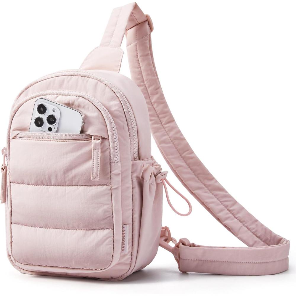 imageBAGSMART Small Sling Bag for Women Puffer Crossbody Bag Purses Hobo Handbag Fanny Packs for Travel HikingPink