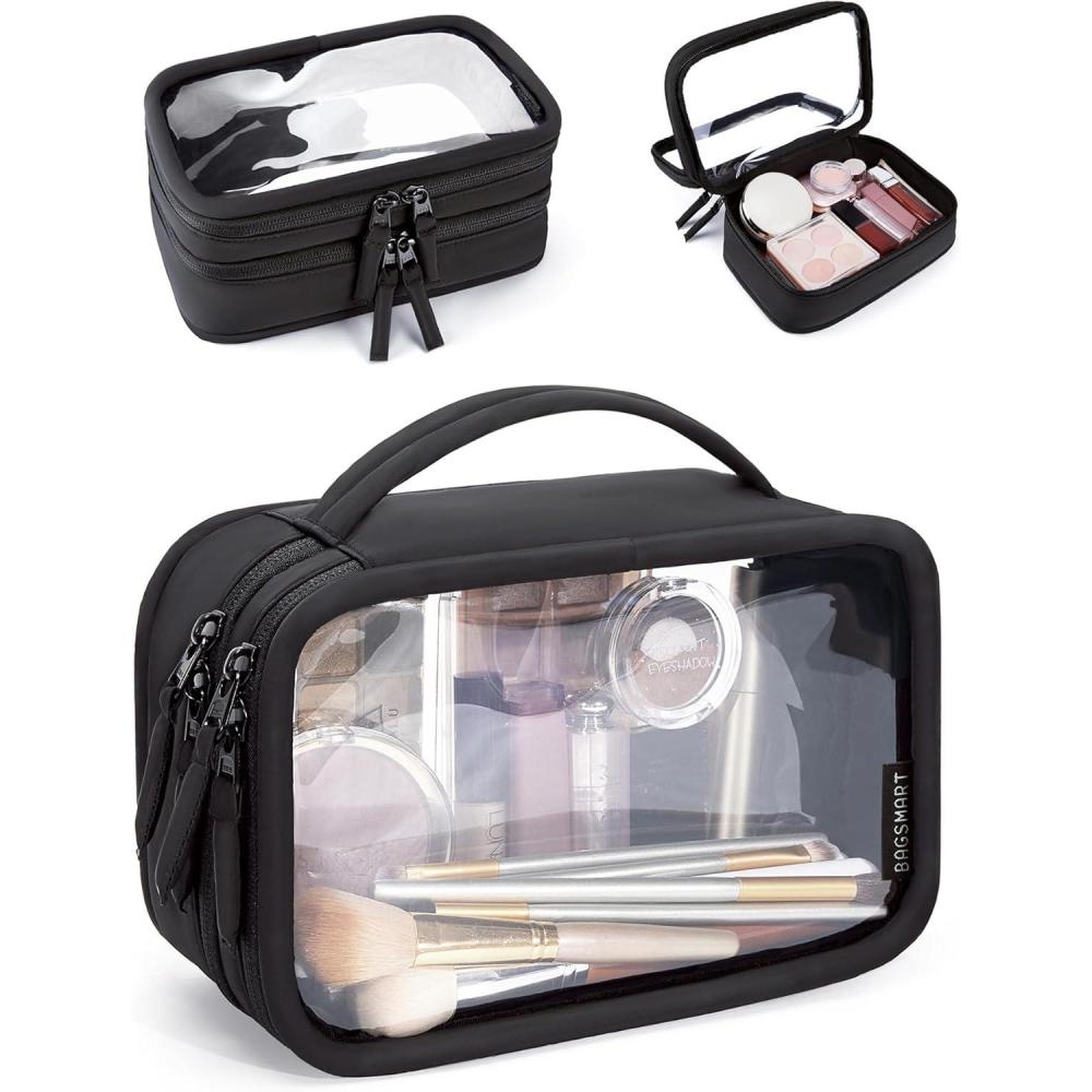 imageBAGSMART TSAApproved Toiletry Bag Large Opening Clear Makeup Bag with Handle Quart Sized Travel Toiletry Bag CarryOn Airline Compliant for Men and Women BlackBlack