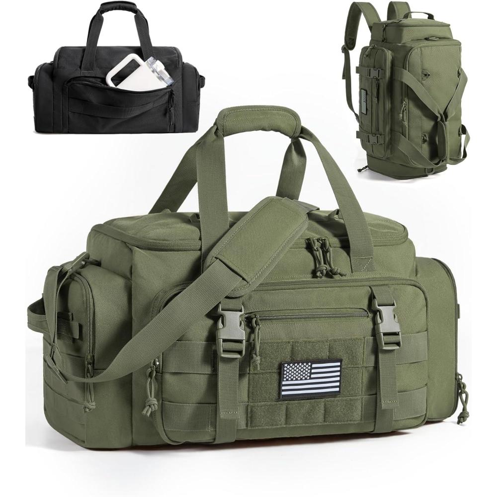 imageBAGSMART Tactical Gym Bag for Men 22L Duffle Bag for Travel with Shoe Compartment 4 in 1 Personal Item Tactical Backpack with 40oz Water Bottle Holder DOlive DrabDOlive Drab