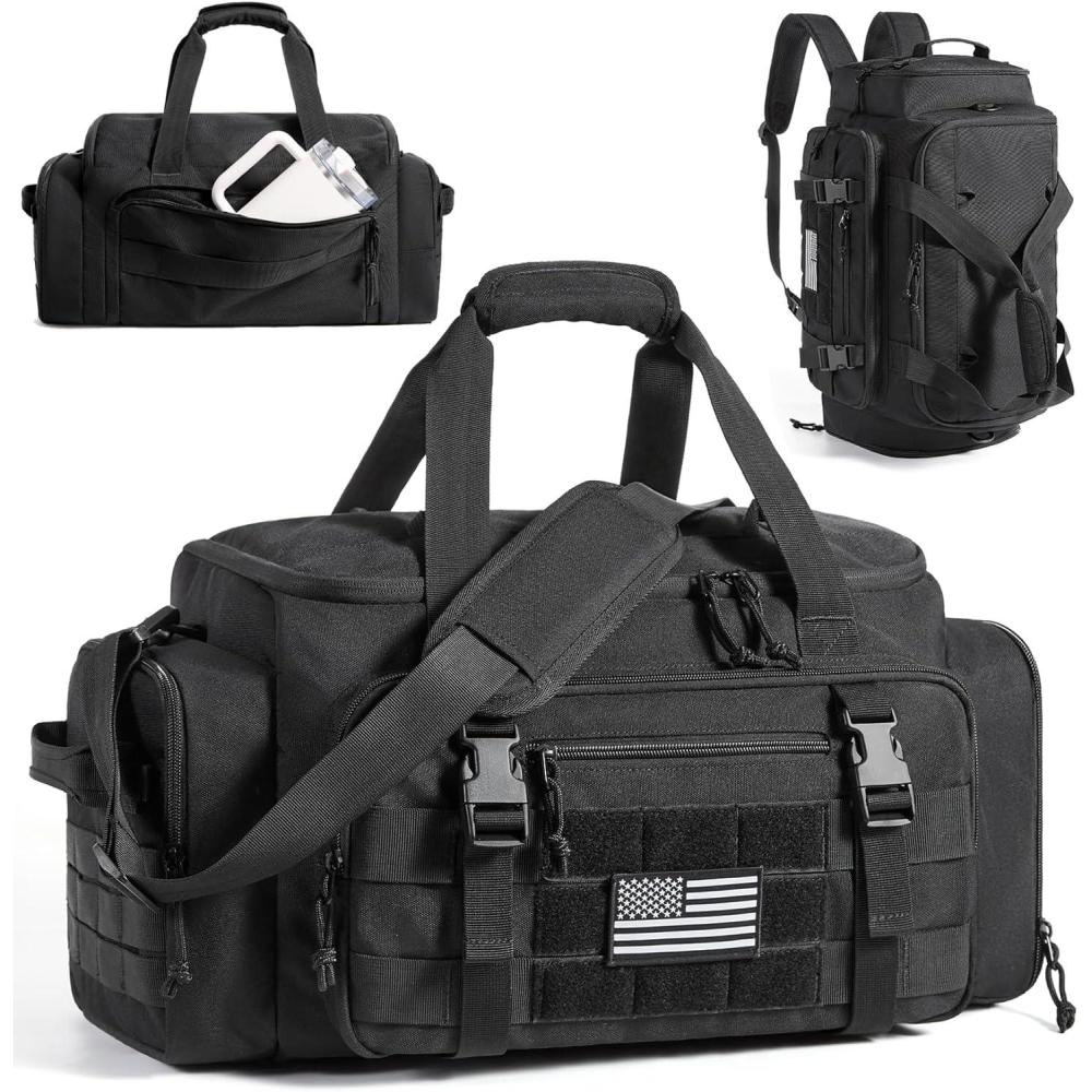 imageBAGSMART Tactical Gym Bag for Men 22L Duffle Bag for Travel with Shoe Compartment 4 in 1 Personal Item Tactical Backpack with 40oz Water Bottle Holder DOlive DrabAMilitary Black