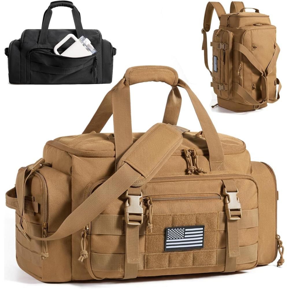 imageBAGSMART Tactical Gym Bag for Men 22L Duffle Bag for Travel with Shoe Compartment 4 in 1 Personal Item Tactical Backpack with 40oz Water Bottle Holder AMilitary BlackCDesert Khaki