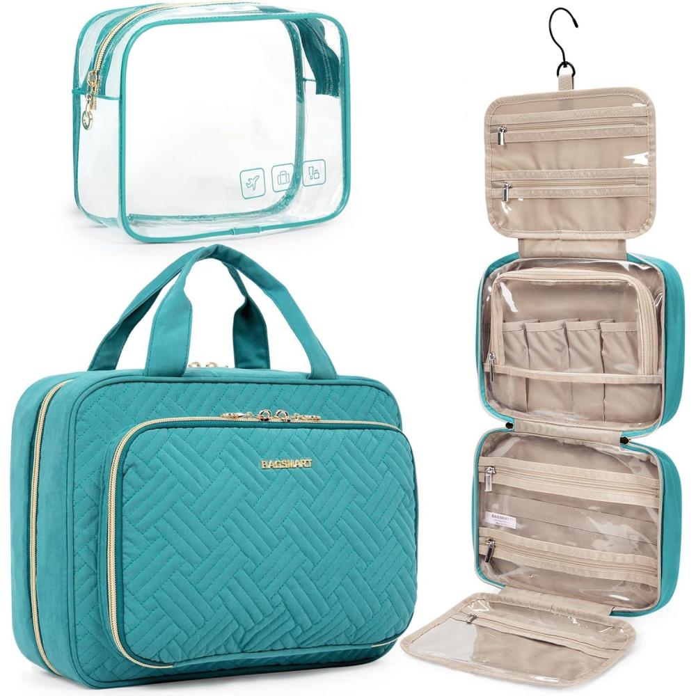 imageBAGSMART Toiletry Bag Hanging Travel Makeup Organizer with TSA Approved Transparent Cosmetic Bag Makeup Bag for Full Sized Toiletries MediumPinkBlue