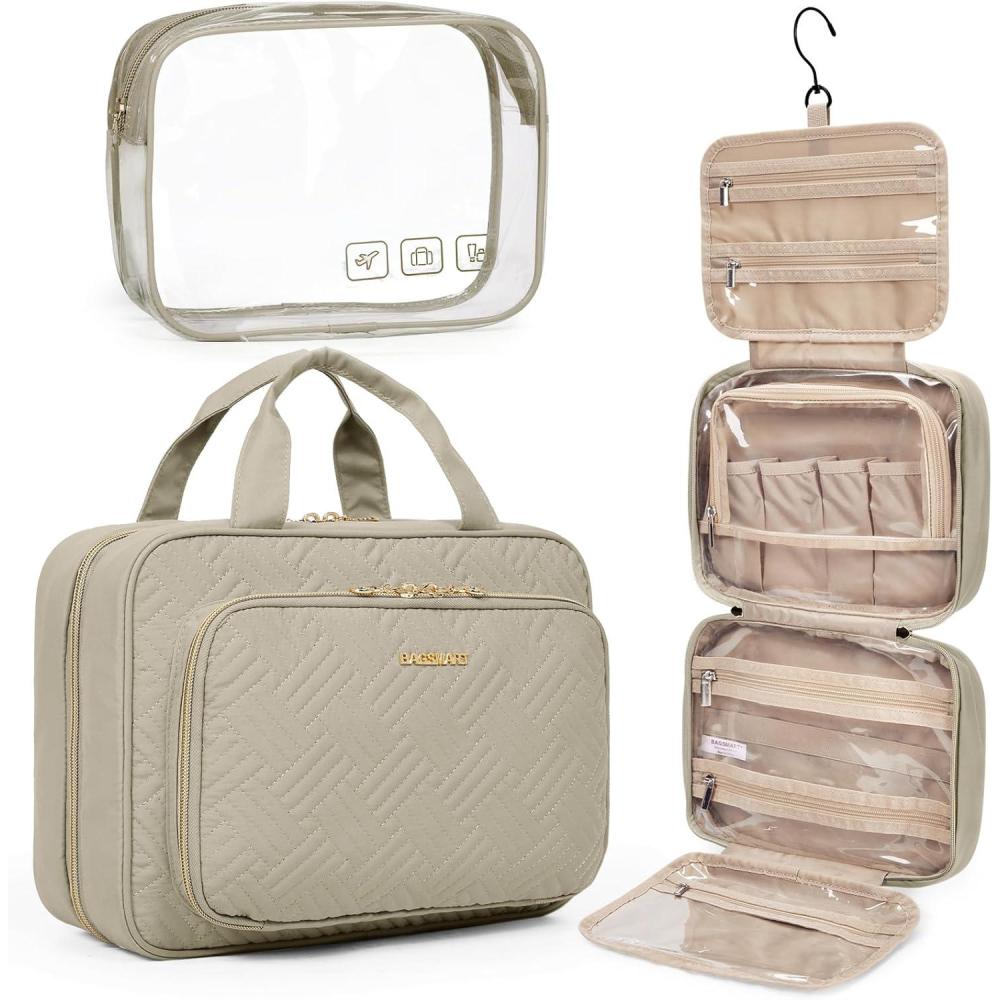 imageBAGSMART Toiletry Bag Hanging Travel Makeup Organizer with TSA Approved Transparent Cosmetic Bag Makeup Bag for Full Sized Toiletries MediumPinkCamel