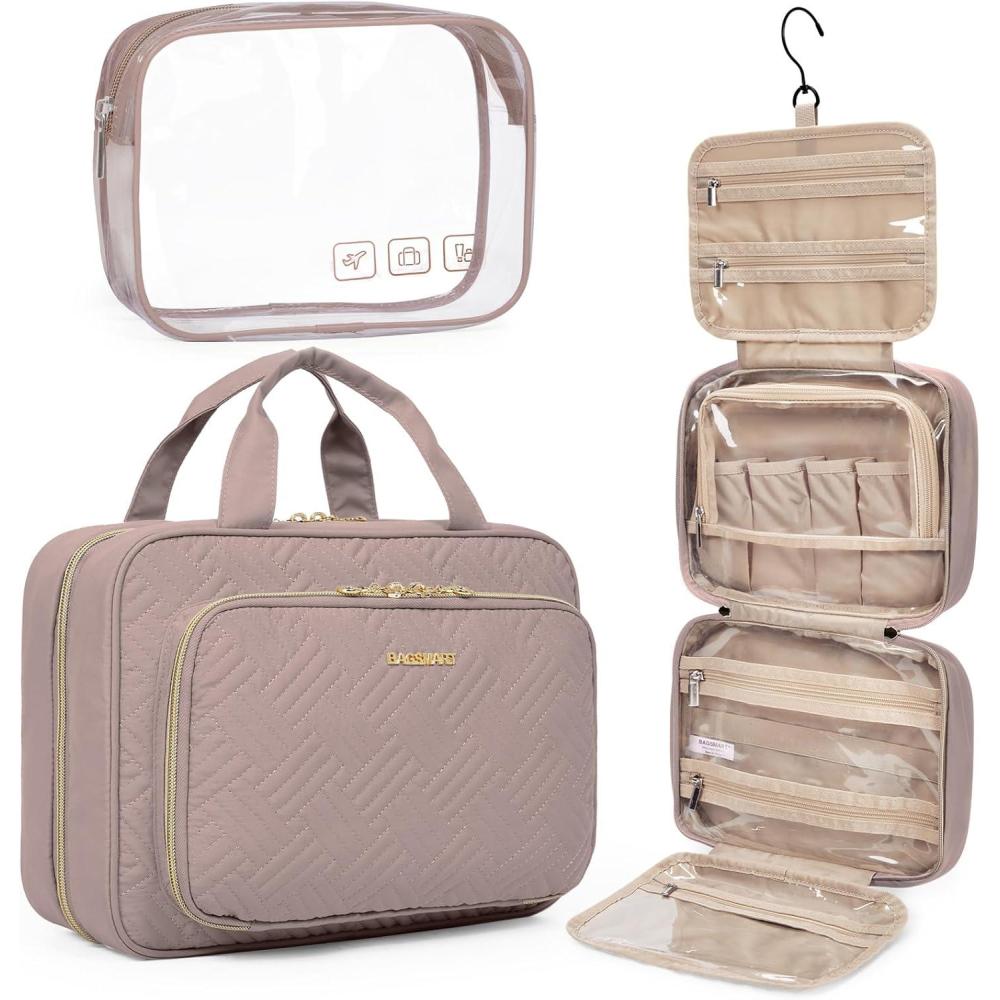 imageBAGSMART Toiletry Bag Hanging Travel Makeup Organizer with TSA Approved Transparent Cosmetic Bag Makeup Bag for Full Sized Toiletries MediumPinkDark Purple