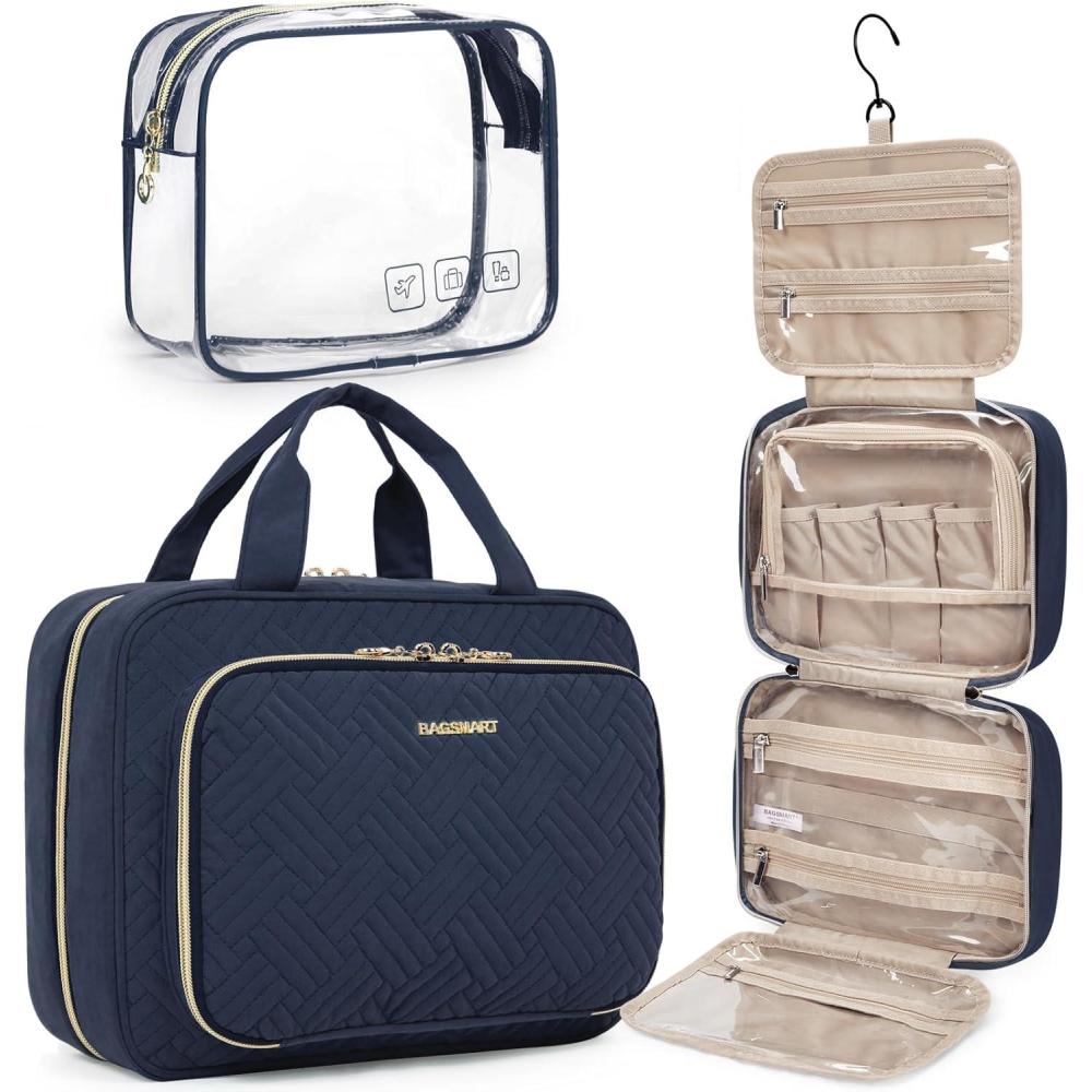 imageBAGSMART Toiletry Bag Hanging Travel Makeup Organizer with TSA Approved Transparent Cosmetic Bag Makeup Bag for Full Sized Toiletries MediumPinkNavy