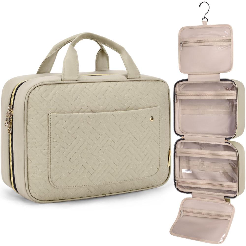 imageBAGSMART Toiletry Bag Travel Bag with Hanging Hook Waterresistant Makeup Cosmetic Bag Travel Organizer for Accessories Shampoo Fullsize Container Toiletries Baby Pink MediumCamel