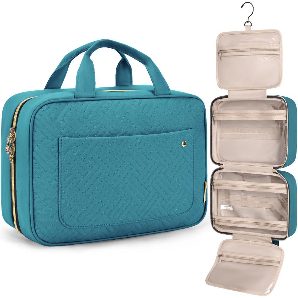 imageBAGSMART Toiletry Bag Travel Bag with Hanging Hook Waterresistant Makeup Cosmetic Bag Travel Organizer for Accessories Shampoo Fullsize Container Toiletries Baby Pink MediumTeal