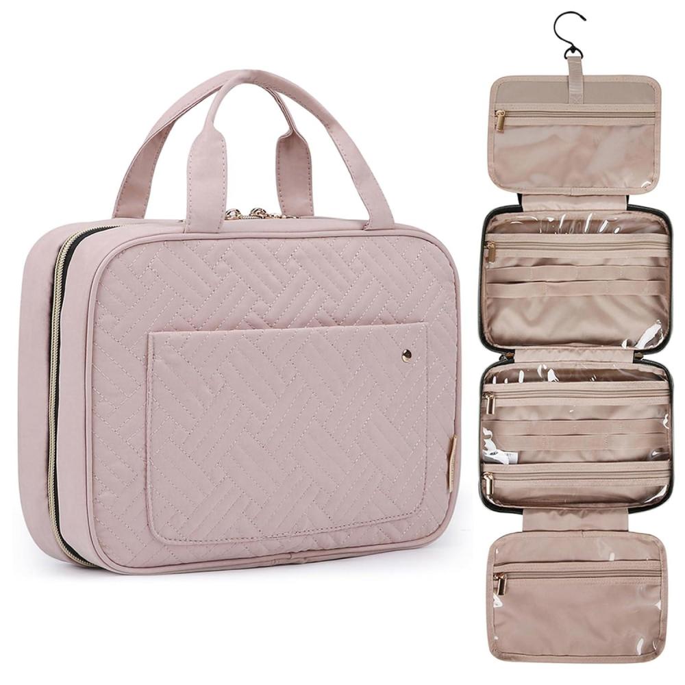 imageBAGSMART Toiletry Bag Travel Bag with Hanging Hook Waterresistant Makeup Cosmetic Bag Travel Organizer for Accessories Shampoo Fullsize Container Toiletries Baby Pink MediumBaby Pink