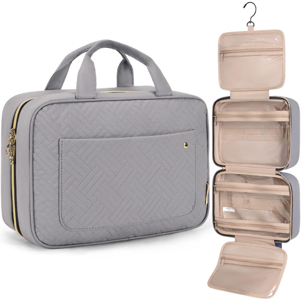 imageBAGSMART Toiletry Bag Travel Bag with Hanging Hook Waterresistant Makeup Cosmetic Bag Travel Organizer for Accessories Shampoo Fullsize Container Toiletries Baby Pink MediumGrey