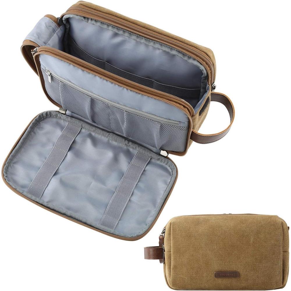 imageBAGSMART Toiletry Bag for Men Canvas Travel Toiletry Organizer Dopp Kit Waterresistant Shaving Bag for Toiletries AccessoriesNavy BlueMediumKhaki
