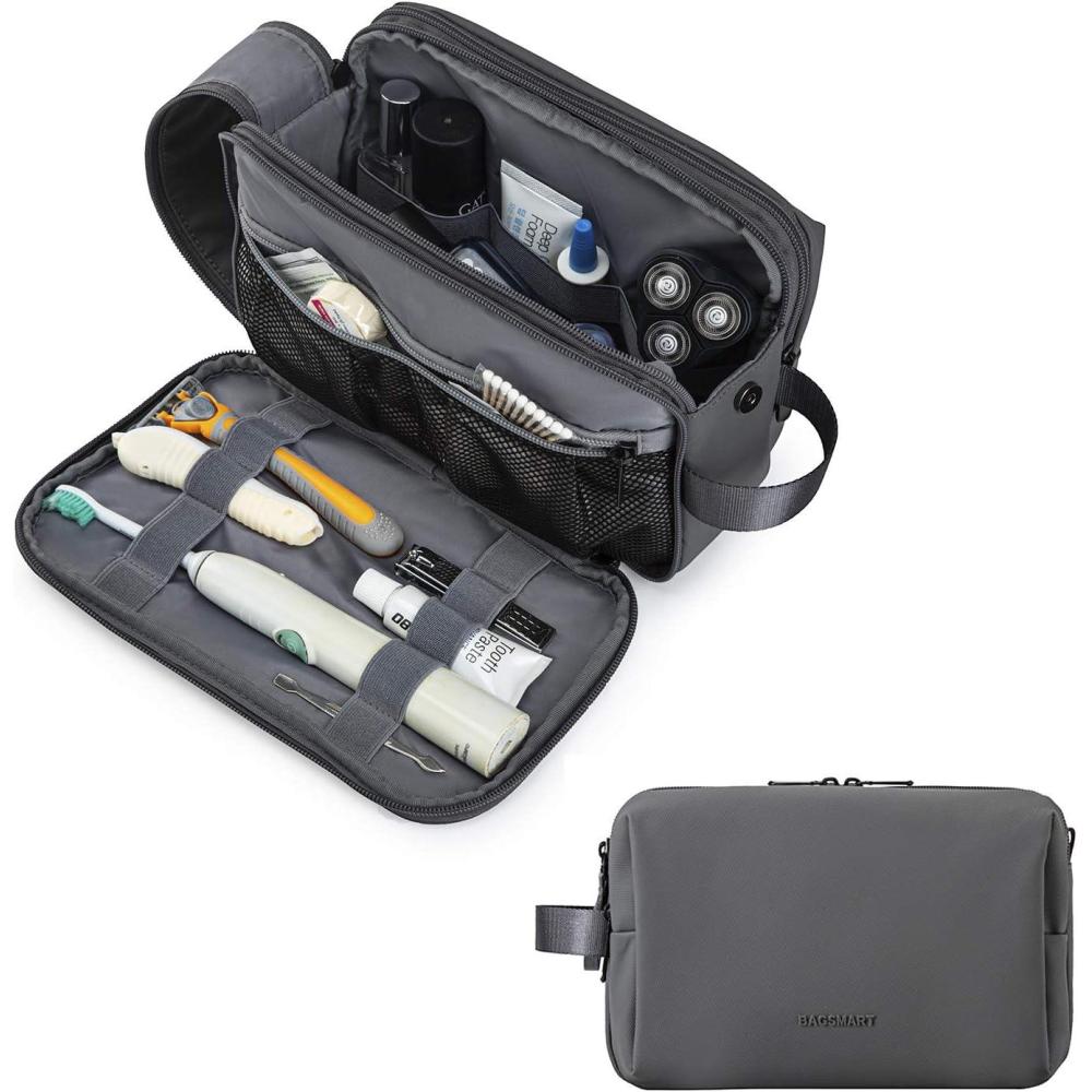 imageBAGSMART Toiletry Bag for Men Travel Toiletry Organizer Dopp Kit Waterresistant Shaving Bag for Toiletries Accessories Door Room EssentialsBlacklargeGrey