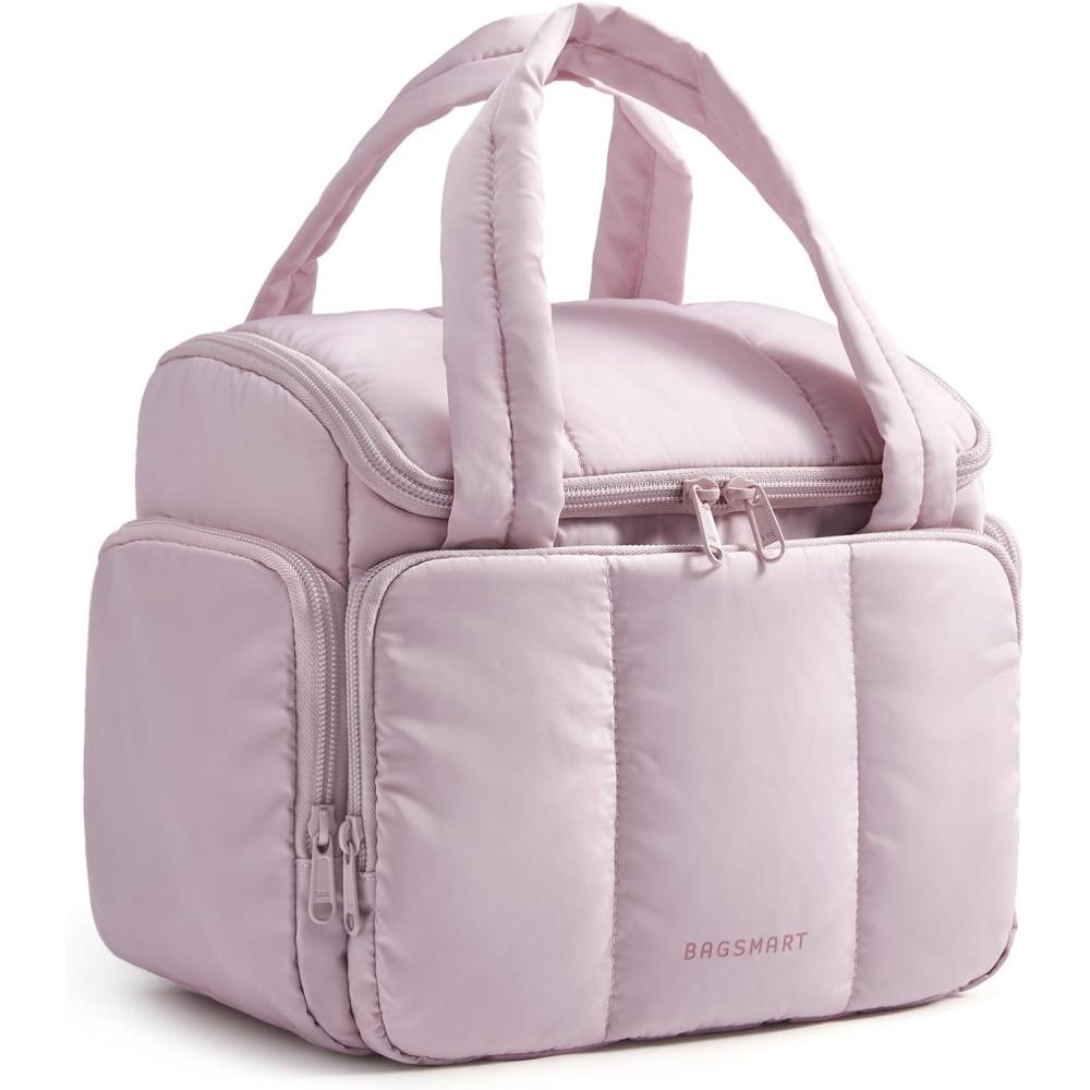 imageBAGSMART Toiletry Bag for Women with DualPadded Handles Puffy Lightweight Makeup Bag for Makeup Accessories Brushes Set TravelSized Container CamelBaby Pink