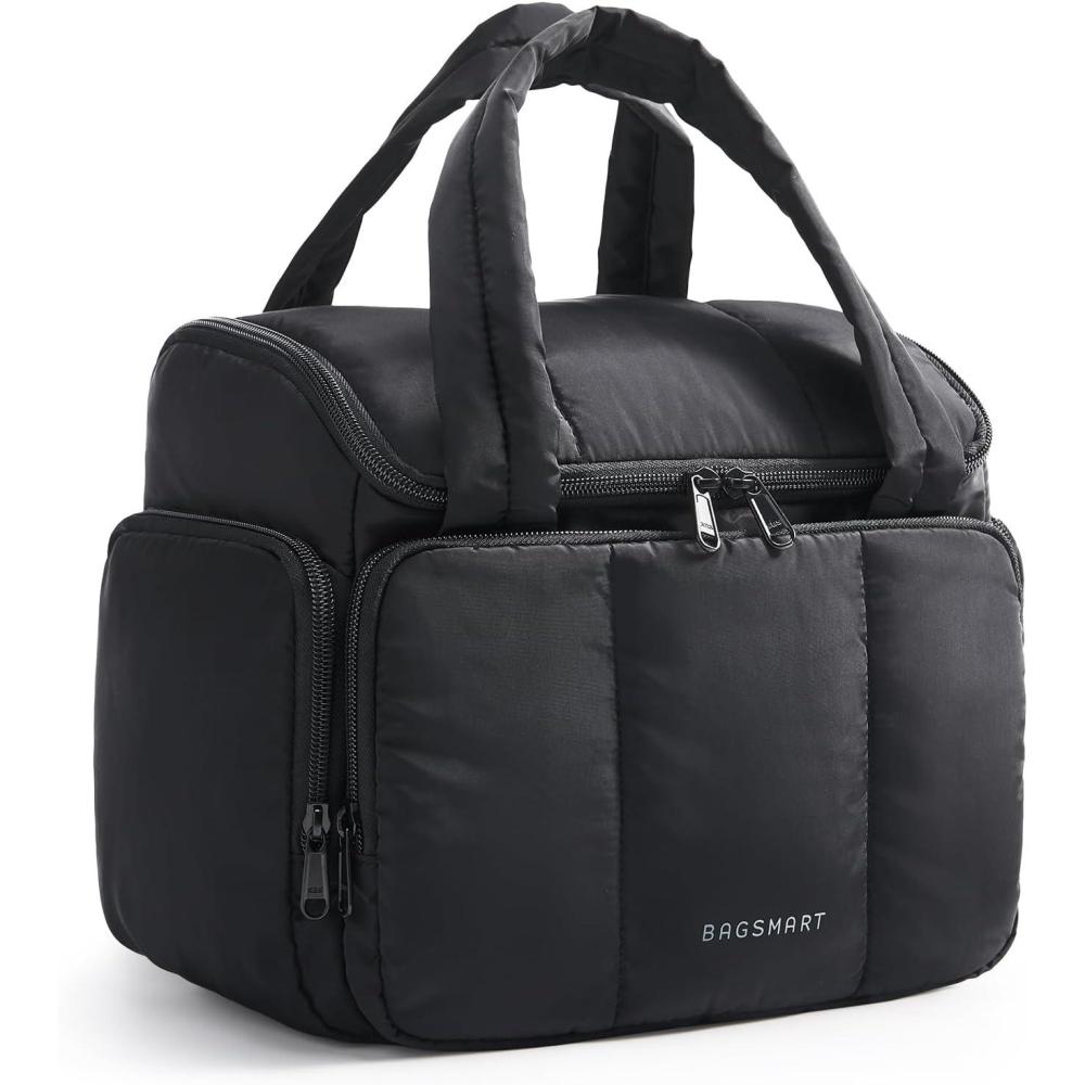 imageBAGSMART Toiletry Bag for Women with DualPadded Handles Puffy Lightweight Makeup Bag for Makeup Accessories Brushes Set TravelSized Container CamelJet Black